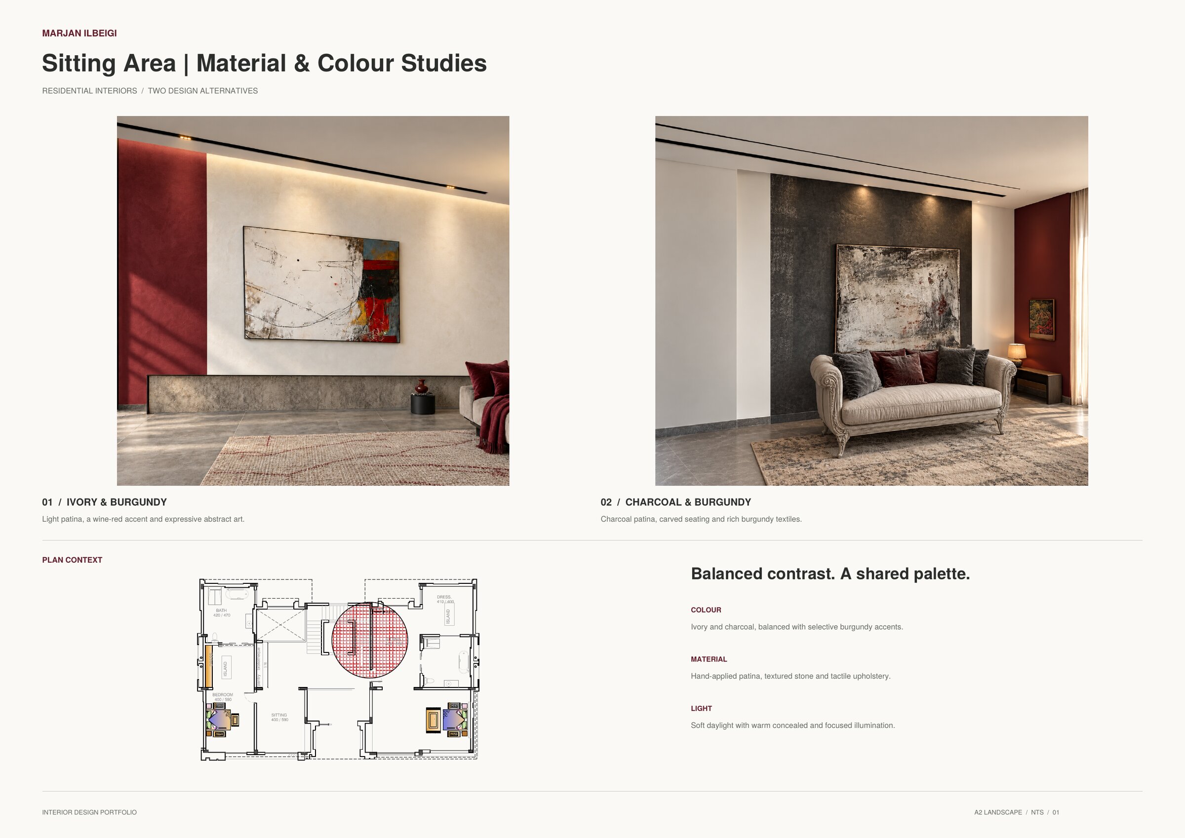 Sitting area — material and colour studies